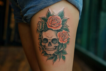 Tattoo featuring a skull and roses, symbolizing the duality of life and death