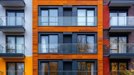 Modern multi story building facade with windows and balconies