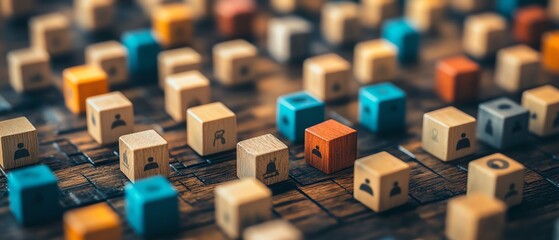 Obraz premium Top view of many people blocks and cubes with icons, representing teamwork and creativity, collaborative process, innovative solutions, diverse contributions, modern team synergy