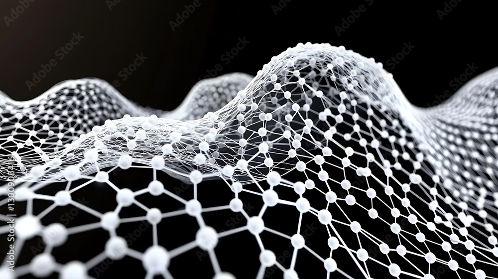 Poster abstract three-dimensional web structure with connected nodes, on black