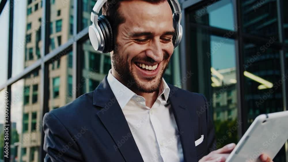 Poster smiling caucasian male professional in suit enjoying music with headphones while using tablet in fro