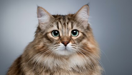 siberian cat looking at camera studio portrait on gray background