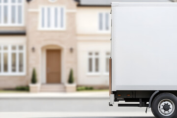 Moving day: a delivery truck sits ready in front of a new house, symbolizing relocation, fresh beginnings, and the excitement of settling into a new home.