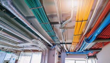 electrical cable conduits wiring with colorful junction boxes part of plumbing pipeline and ceiling air vent duct in modern building pipe and fitting for power plumbing and air conditioning systems
