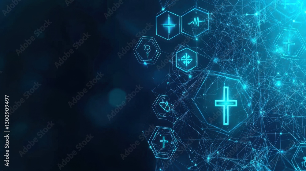 Poster digital cross and health icons on network background representing faith and wellness concepts in mod