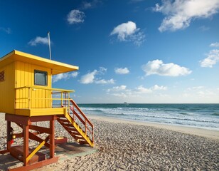 Fototapeta premium coastal landscape with a lifeguard station under blue sky
