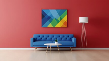 Colorful living room interior with blue sofa, colorful abstract painting on the wall, and a coffee table near a white floor lamp against a red background