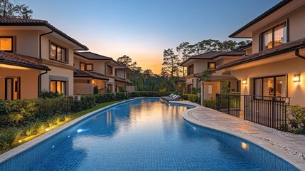 Fototapeta premium Luxury villas with a pool at sunset with beautiful lighting