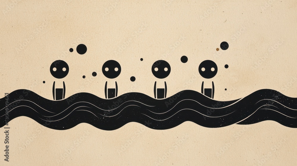 Poster abstract minimalist representation of people floating on water with simple expressions and vibrant b