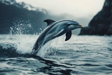 Fototapeta premium Dusky dolphin breaches the surface of the water, creating a splash against a backdrop of misty fjords