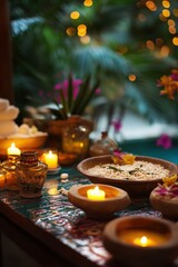 A vibrant Ayurvedic spa setting with oils, candles, and a therapist preparing for treatment