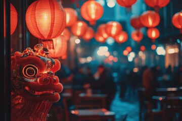 A vibrant Chinese New Year celebration with lion dancers performing under red lanterns