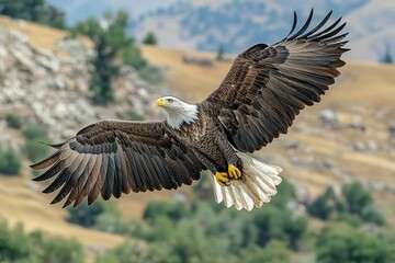 Obraz premium Bald eagle flying over a blurred natural background, displaying its wingspan and sharp talons