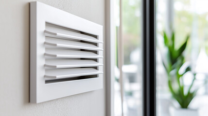 Obraz premium A close-up view of a white air vent on a wall with sunlight casting shadows across it.