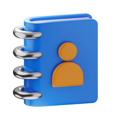 3D rendering of an address book or contact book icon with a blue cover, orange person symbol, and silver rings.