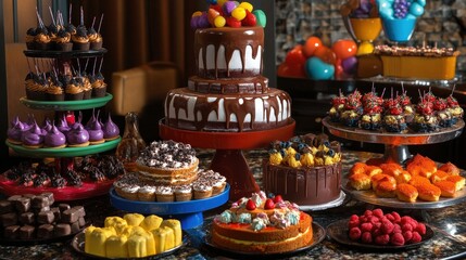 A vibrant dessert buffet featuring cakes, cookies, and chocolate fountains