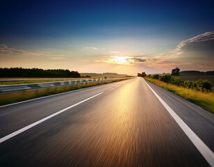 blurred rural highway seen from moving car at dusk