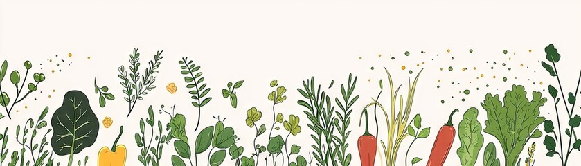 Herbal garden border; fresh herbs, peppers; white background; recipe website