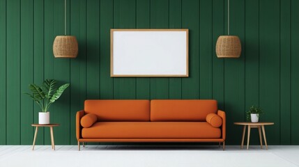 Dark green wall with an orange sofa and white carpet in the living room, Scandinavian interior design style