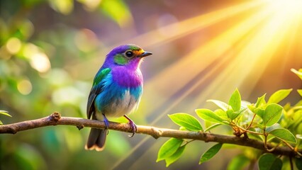 Obraz premium Vibrant iridescent bird perched on a sunlit branch amidst lush green foliage, showcasing its exquisite plumage in a breathtaking natural scene.