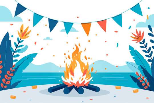 Bonfire glowing brightly in the outdoor landscape, creating a warm ambiance. Flat modern illustration style. Lag BaOmer celebration concept