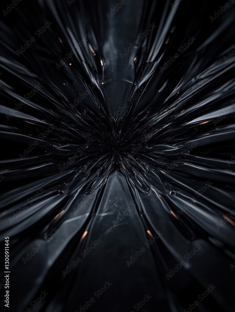 Poster abstract dark vortex of glossy black shapes converging at a central point with subtle light