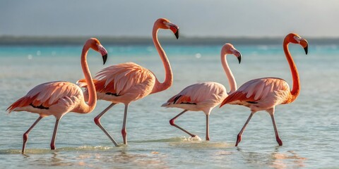 Obraz premium a group of flamingoes gracefully wading in the shallow water, bathed in soft sunlight. The birds exhibit vibrant pink plumage, creating a beautiful scene