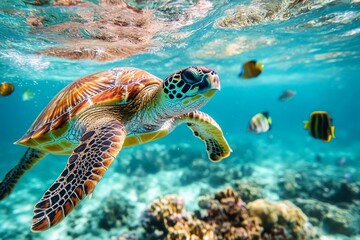 Green sea turtle glides through crystal-clear turquoise water, sharing its habitat with vibrant tropical fish and coral reef