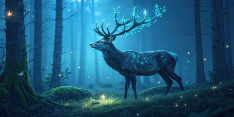 a majestic deer standing gracefully in an enchanted blue forest, illuminated with glowing lights