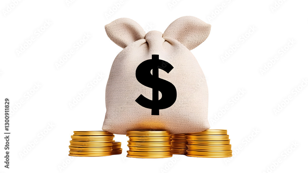Poster minimalist 3d cartoon rendering of a money bag placed on a stack of gold coins glowing softly under 