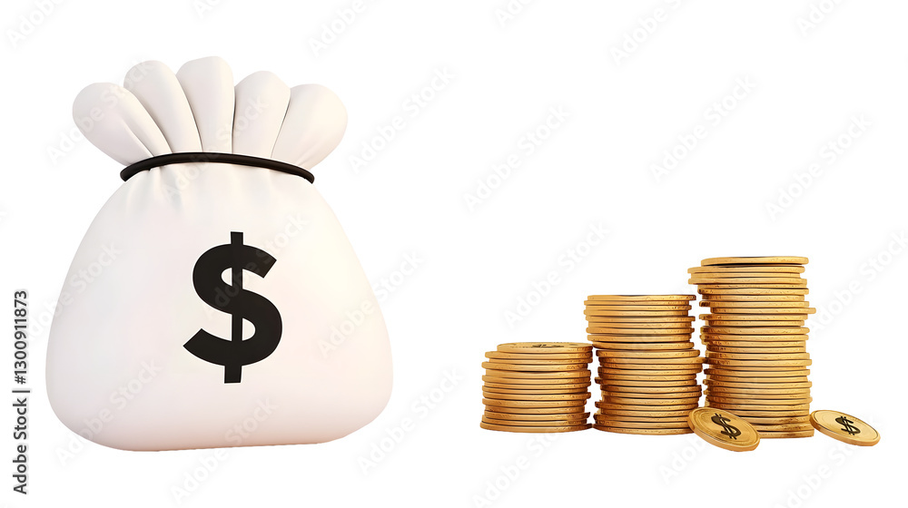 Poster minimalist 3d cartoon rendering of a glowing money bag placed atop a stack of gold coins representin