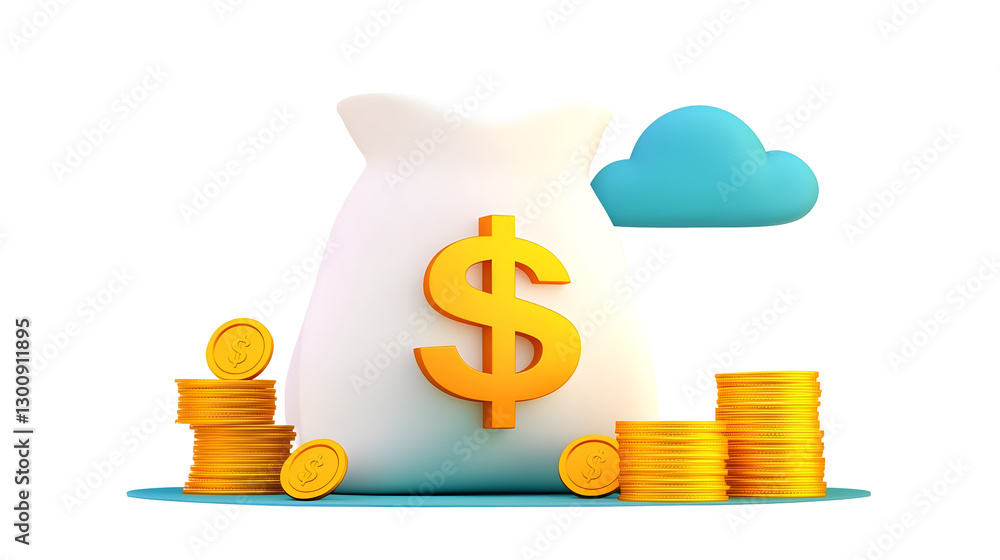 Aufkleber Conceptual 3D Cartoon of a Large Money Bag with Glowing Dollar Symbol Surrounded by Stacks of Shiny Gold Coins on Transparent Background in Cutout Style