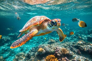 Fototapeta premium Sea turtle swimming in turquoise water near coral reef with tropical fish