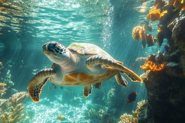 Fototapeta premium Hawksbill sea turtle swimming in turquoise tropical water near a colorful coral reef