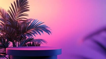 Obraz premium Black Circular Base with Palm Leaves under Pink to Purple Gradient Lighting