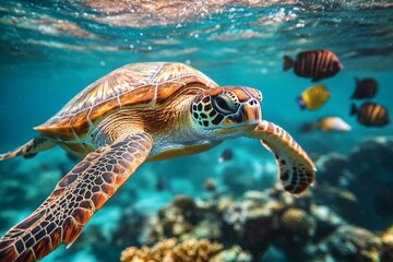 Fototapeta premium Green sea turtle swimming peacefully in crystal-clear turquoise water, surrounded by vibrant coral reef and colorful tropical fish
