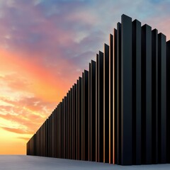 Obraz premium Modern Black Wall Structure Contrasts Beautifully With Vibrant Sunset Sky Over Desert Landscape