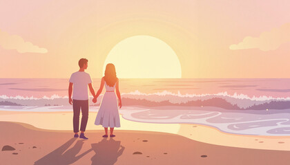 Fototapeta premium Couple watching sunrise over ocean while holding hands, romantic moment