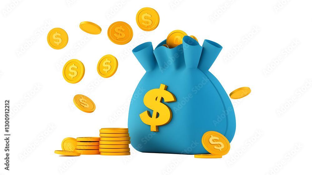 Poster Vibrant 3D cartoon money bag with coins floating around it designed in a fun and dynamic style  Concept for wealth investment and savings  Transparent background cutout