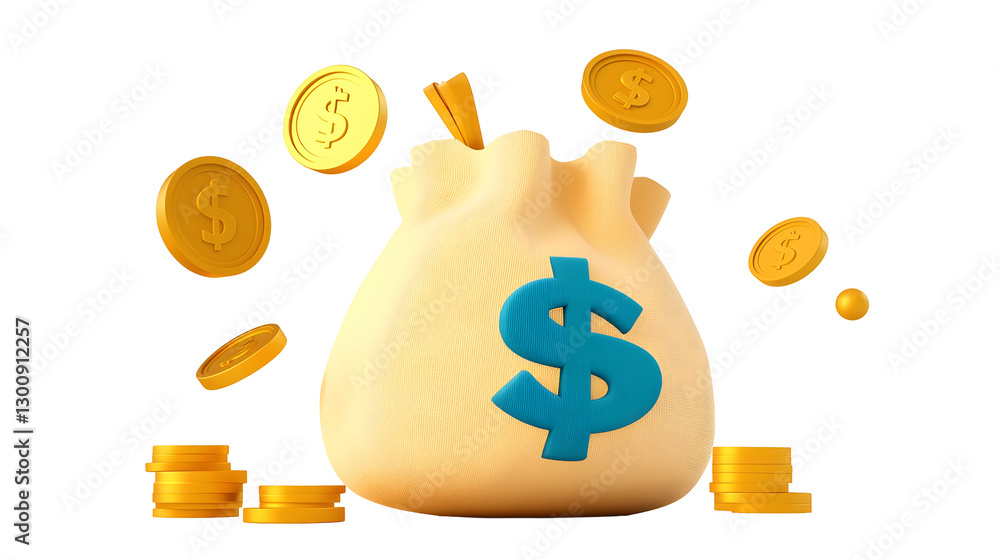 Aufkleber vibrant 3d cartoon money bag with coins floating around it designed in a fun and dynamic style conce