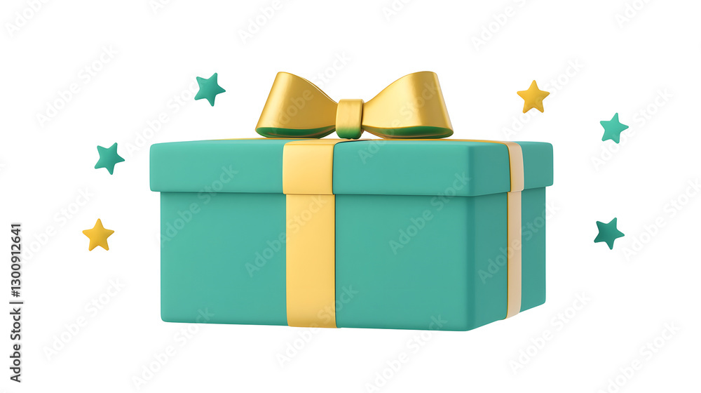 Poster vibrant green 3d cartoon of a gift box wrapped with a shiny golden ribbon and bow isolated on a tran