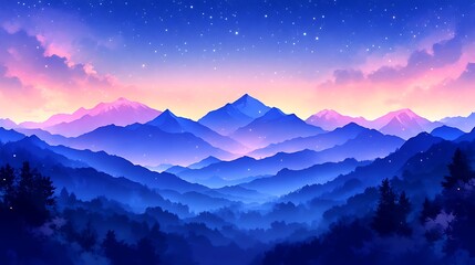 Obraz premium Serene Mountain Range Underneath a Starry Twilight Sky