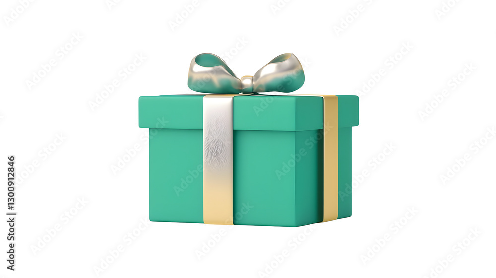 Poster elegant and minimalist 3d cartoon design of a green gift box with a silky silver ribbon glowing soft