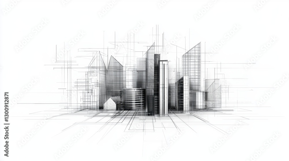 Poster abstract architectural design featuring a futuristic city skyline in a minimalist style with geometr