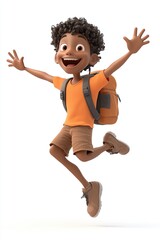 3D illustration of a cute, happy Black boy jumping, with a school bag on his back, against a white background