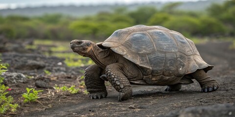 Fototapeta premium a giant tortoise walking slowly on a dirt road, showcasing its large shell and wrinkled skin. A lush green landscape in background