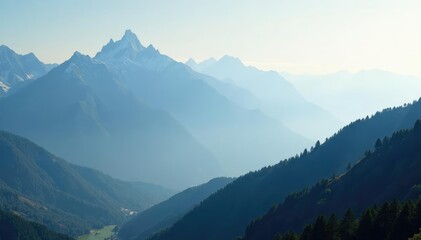 A foggy mountain range shrouds its peaks in mist, vastness, mountain, gray