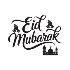 eid mubarak typography calligraphy silhouette vector design islamic festival illustrations with mosque