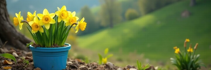 Yellow daffodils in a small blue container on a hillside, plant, blossom, container