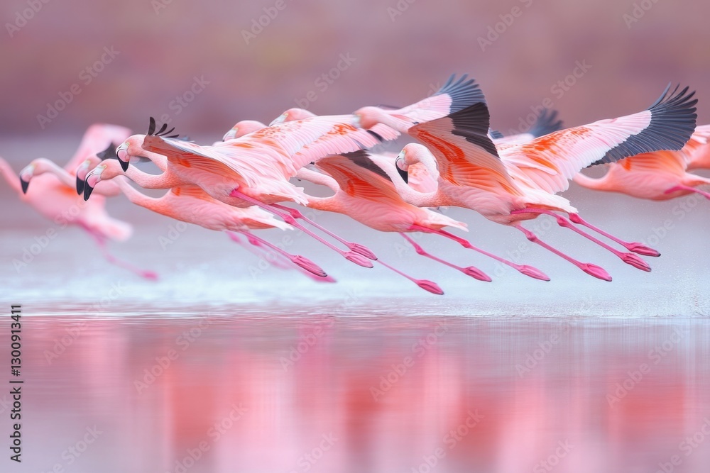 Poster flock of flamingos flying low over a lake, creating a beautiful reflection
